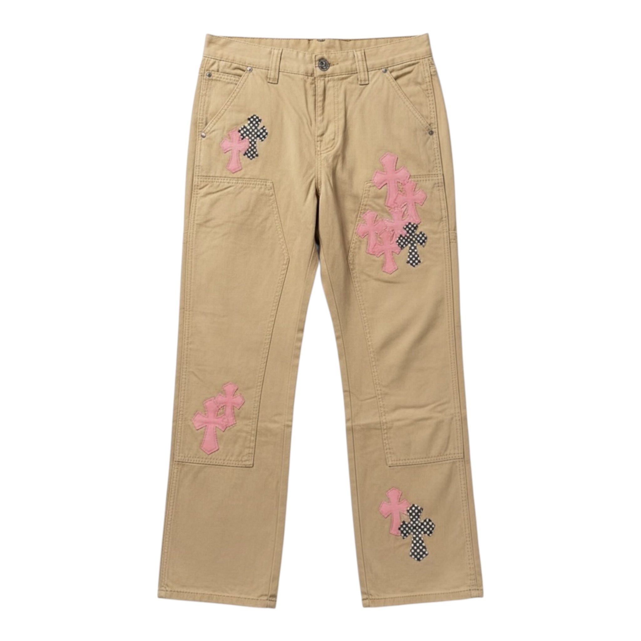 CHROME HEARTS PINK & CHECKERED CROSS PATCH CARPENTER PANTS