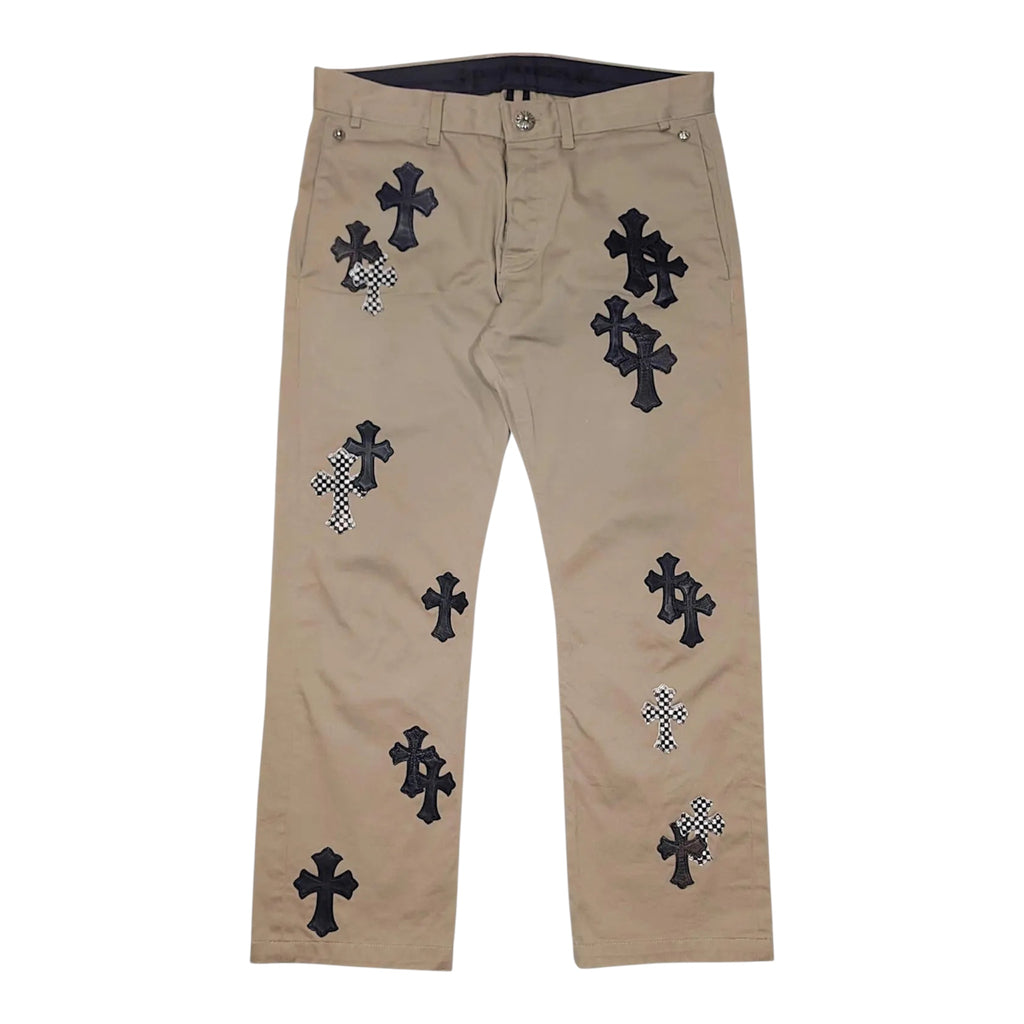 CHROME HEARTS KHAKI LEATHER CROSS PANTS