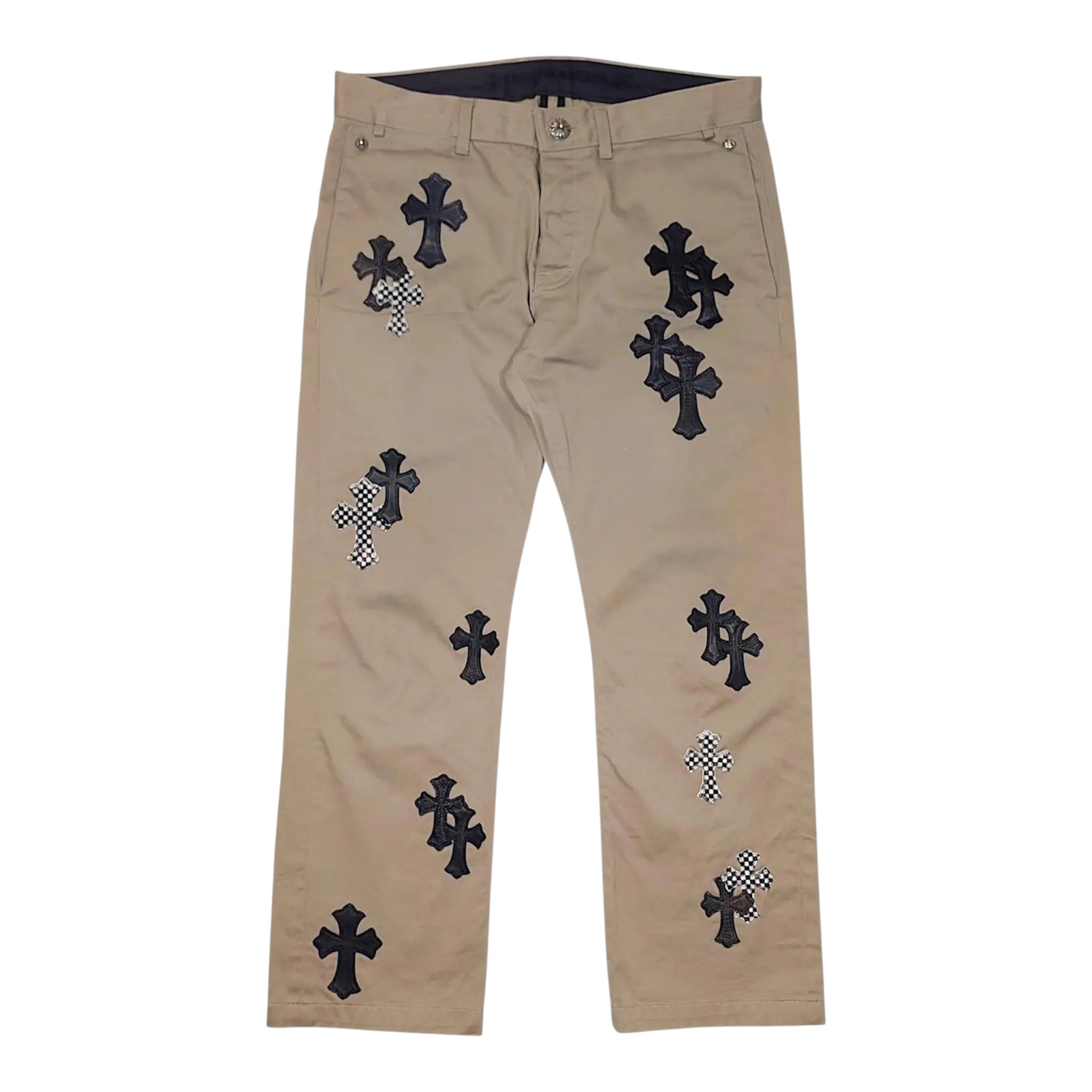 CHROME HEARTS KHAKI LEATHER CROSS PANTS